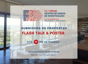 vista da biblioteca da Universidade da Beira Interior. Logo do 13.º Fórum GDI. texto: submissão de propostas a Flash talks e pósteres. até 11 de setembro